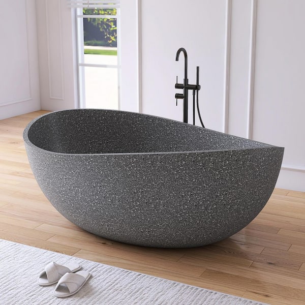 65 in. x 39 in. Wave Stone Terrazzo Stone Solid Surface Flatbottom Freestanding Soaking Bathtub in Gray