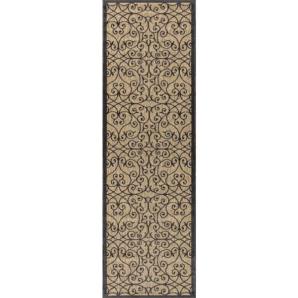 Black/Khaki 2 ft. x 14 ft. Runner Madrid Vintage Filigree Textured Weave Indoor/Outdoor Area Rug