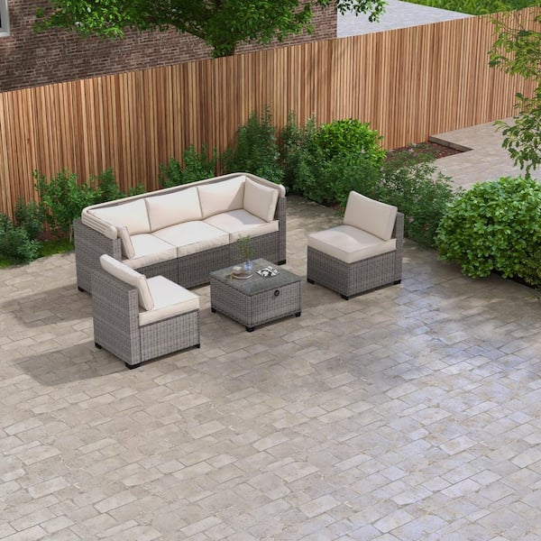 Unbranded 6-Piece Gray Wicker Outdoor Sectional Sofa with Khaki Cushions, Canopy and Lifting Table