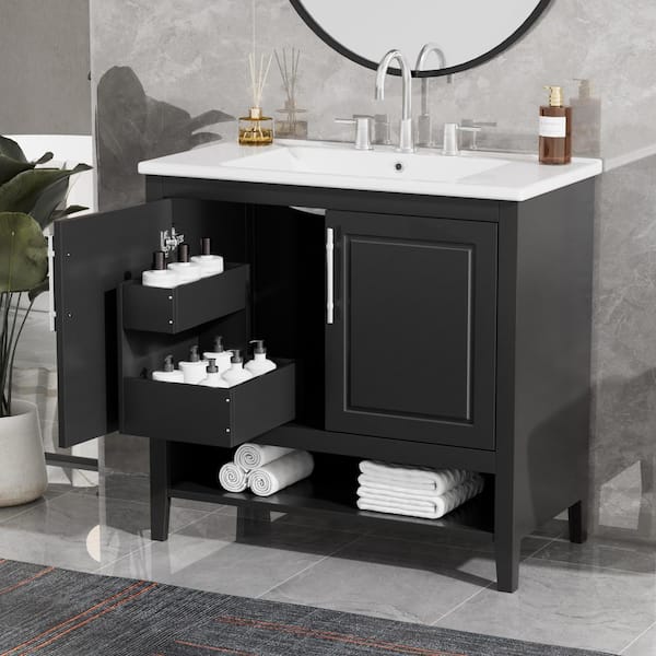 36 in. Freestanding Single Sink Black Bath Vanity with White Ceramic Top and Open Shelves