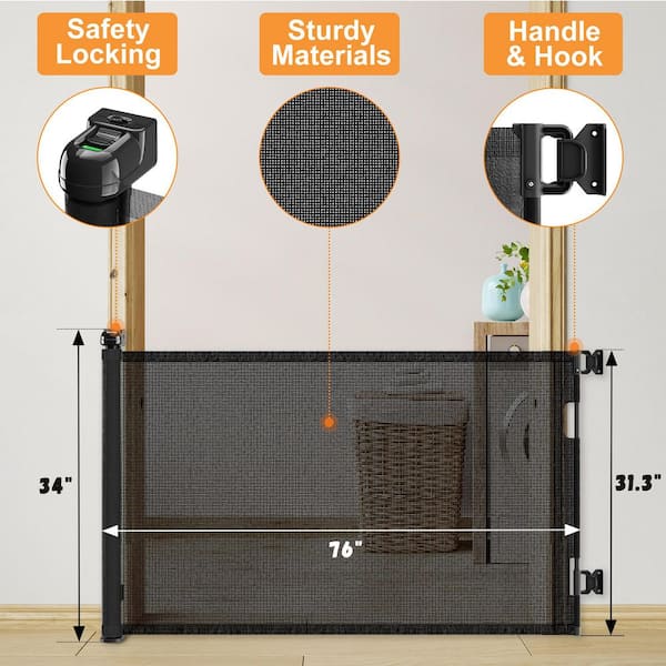 76 in. W x 34 in. H Plastic Retractable Mesh Baby Gate, Mesh Dog Gate for Indoor, Outdoor, Stairs, Hallways