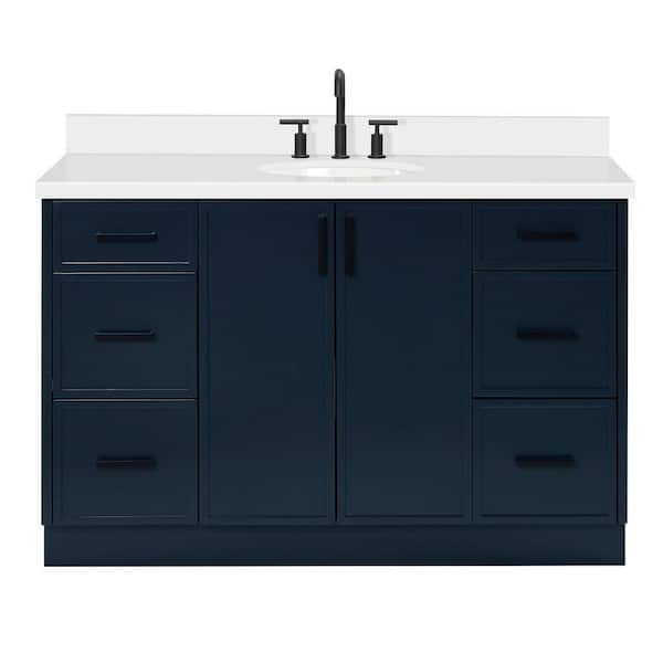 Kelly 54 in. W x 22 in. D x 36 in. H Single Sink Bath Vanity in Midnight Blue with Pure White Quartz Top