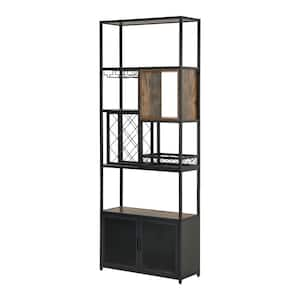 31.5 in. x 11.81 in. x 82.68 in. Industrial Walnut Black MDF Floor Standing Wine Rack Cabinet with Glass Shelves