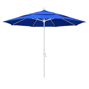 11 ft. White Aluminum Pole Market Fiberglass Collar Tilt Crank Lift Outdoor Patio Umbrella in Pacific Blue Sunbrella
