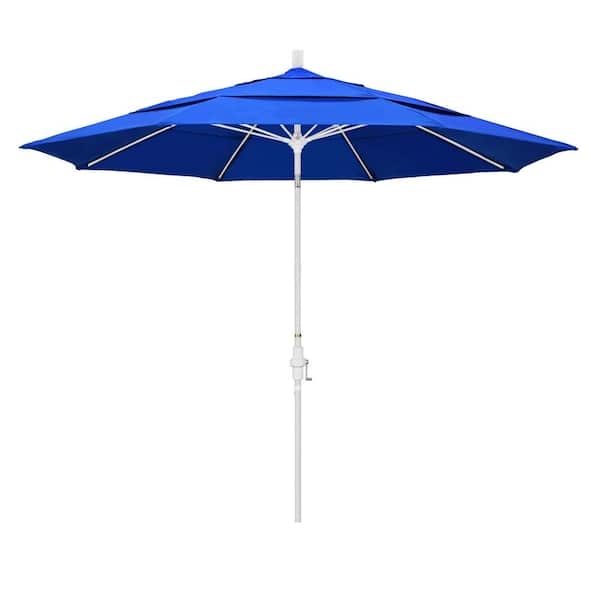 California Umbrella 11 ft. White Aluminum Pole Market Fiberglass Collar Tilt Crank Lift Outdoor Patio Umbrella in Pacific Blue Sunbrella