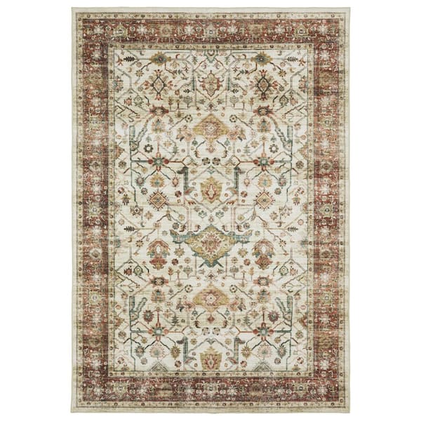 AVERLEY HOME Summit Ivory/Red 4 ft. x 6 ft. Traditional Oriental Border Polyester Machine Washable Indoor Area Rug