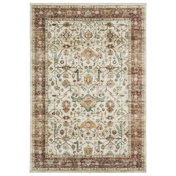 Summit Ivory/Red 8 ft. x 10 ft. Traditional Oriental Border Polyester Machine Washable Indoor Area Rug