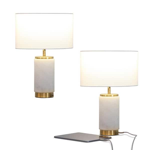 Arden 17 in. White Mid-Century Modern LED Table Lamp with White Fabric Drum Shade and Built-In USB Port (2-Pack)