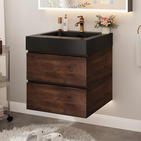 24 in. W Single Sink Floating Bath Vanity in Walnut with Black Solid Surface Top, Assembled