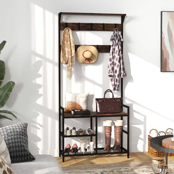 Costway Rustic Brown 71 in. Coat Rack Hall Tree with Shoe