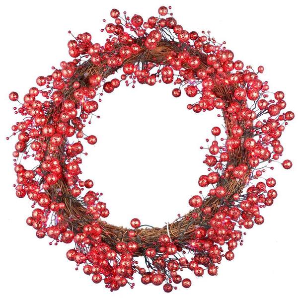 Unbranded 48-Light LED Red 24 in. Battery Operated Berry Wreath with Timer