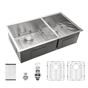 33 in. Undermount Double Bowl 18 Gauge Brushed Nickel Stainless Steel Kitchen Sink (60/40) with 9 Inch Deep Sink