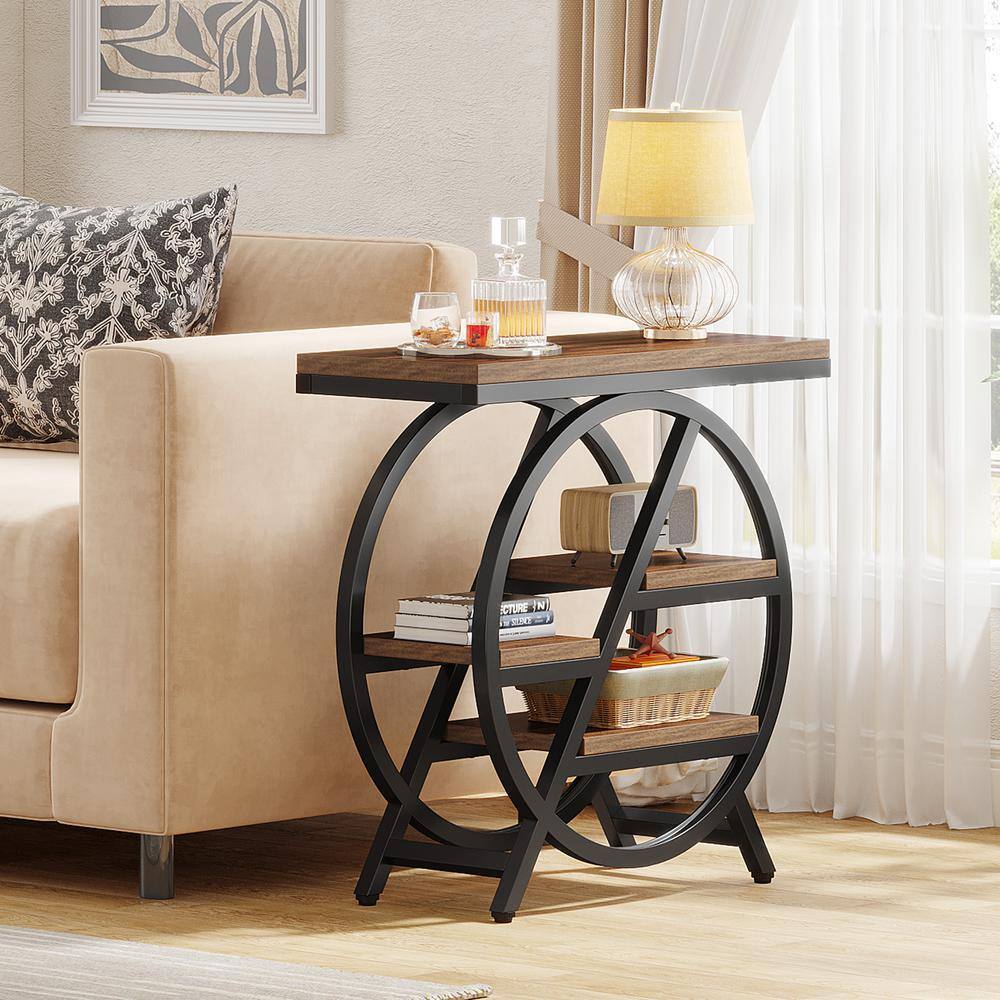 25.59 in. Rustic Brown Rectangle Engineered Wood End Table, 3-Tier Narrow Side Table with Storage, Set of 2 - thumbnail 2