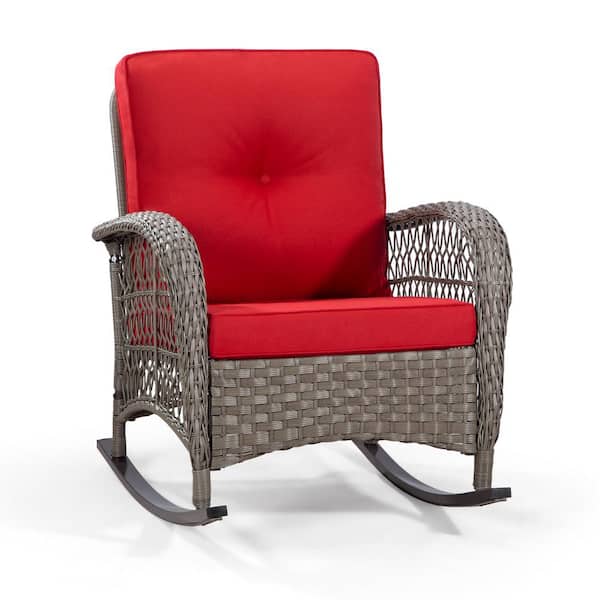 Gardenbee Brown Wicker Outdoor Rocking Chair Patio with Red Cushions (1-Pack)