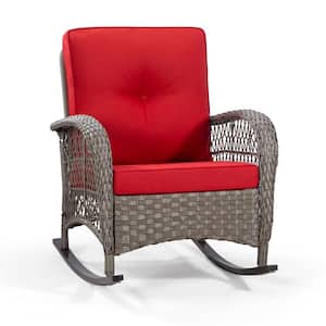 Brown Wicker Outdoor Rocking Chair Patio with Red Cushions (1-Pack)