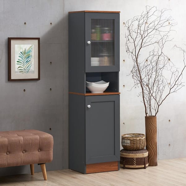 Hodedah 63 Tall Slim Open Shelf Plus Top and Bottom Enclosed Storage Kitchen Pantry - Chocolate-Grey