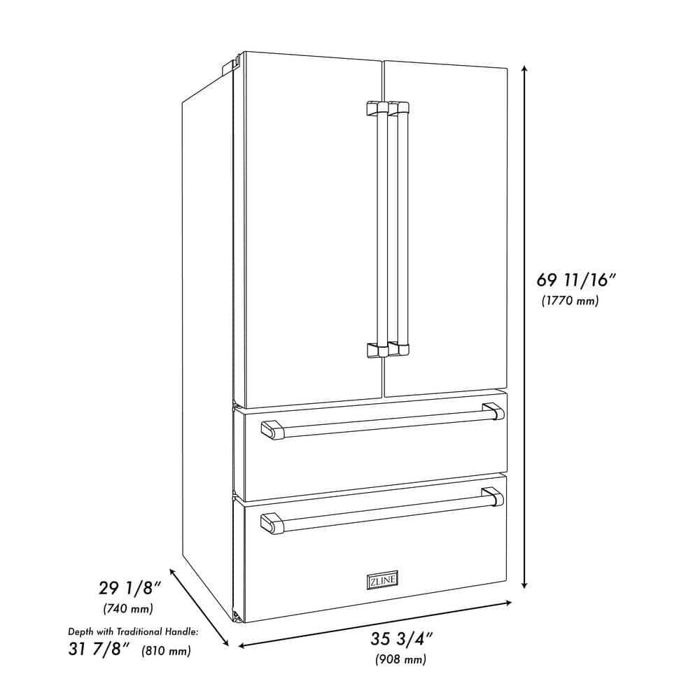 ZLINE 36" Stainless Steel French Door Refrigerator with Gold Accents