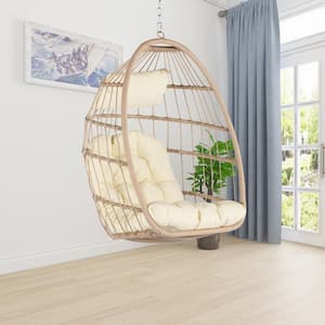 Patio Garden Rattan Wood Basket Egg Swing Hanging Chair for Indoors and Outdoors with Seat Cushion in Beige