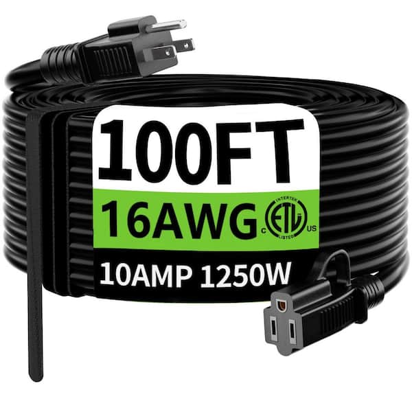 100 ft. 16/3-Gauge SJTW Heavy Duty Indoor/Outdoor Extension Cord with Black Vinyl, 10 Amp 1250 Watt, Cold-Resistant