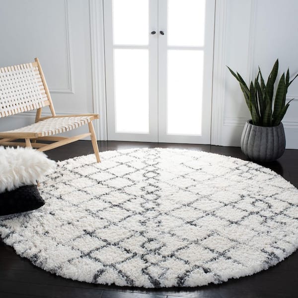 Fontana Shag 3 ft. x 3 ft. Ivory/Gray Distressed Geometric Round Area Rug
