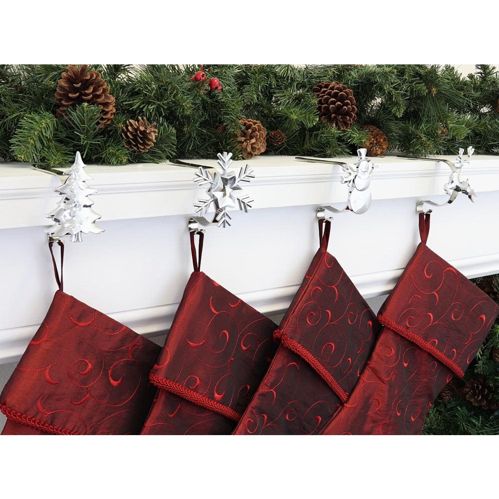 Silver Metal MantleClip Stocking Holders with Holiday Icons, Set of 4