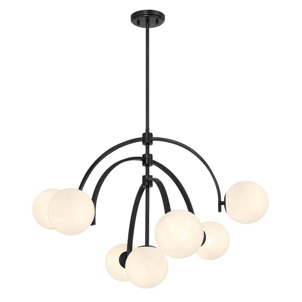 Matte Black 7-Light Chandelier with Strie Glass Shades