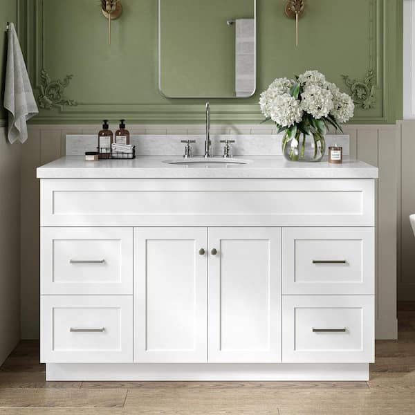 Hamlet 55 in. W x 22 in. D x 36 in. H Bath Vanity in White with Carrara White Marble Top