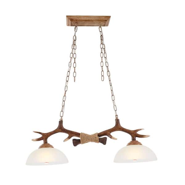 OUKANING 28.74 in. Brown Vintage Antler Shape 2-Light Glass Lampshade Pendant Light with Adjustable Chain