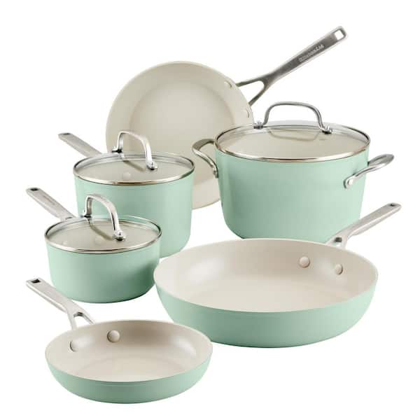 KitchenAid Hard Anodized Ceramic 9-Piece Aluminum Nonstick Cookware Set  with Lids in Pistachio 84835 - The Home Depot