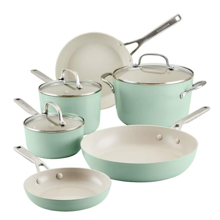 KitchenAid Hard Anodized Ceramic 9-Piece Aluminum Nonstick Cookware Set with Lids in Pistachio