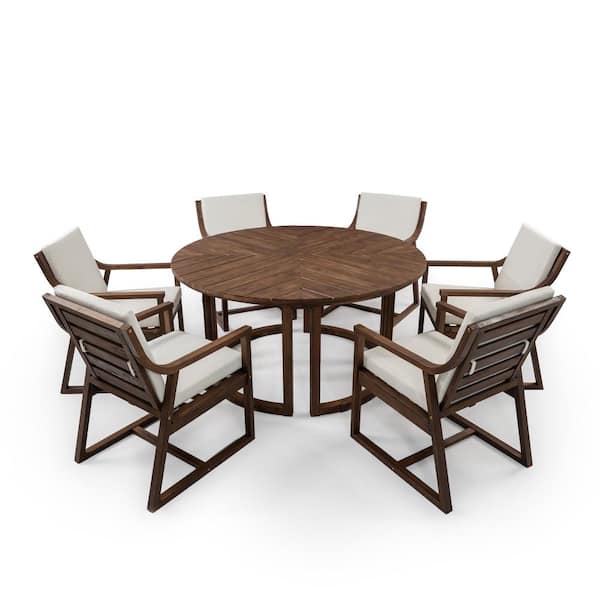 7-Piece Mocha Round Patio Dining Set with Umbrella Hole, Removable Cushions for Garden