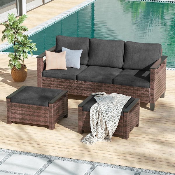 3-Pieces Brown PE Wicker Black Cushions Patio Conversation Set Wide Armrests High Back Sofa Design