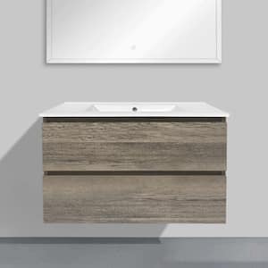 36 in. W x 18 in. D x 23 in. H Wall-mounted Bath Vanity in Wax Oak with White Ceramic Top