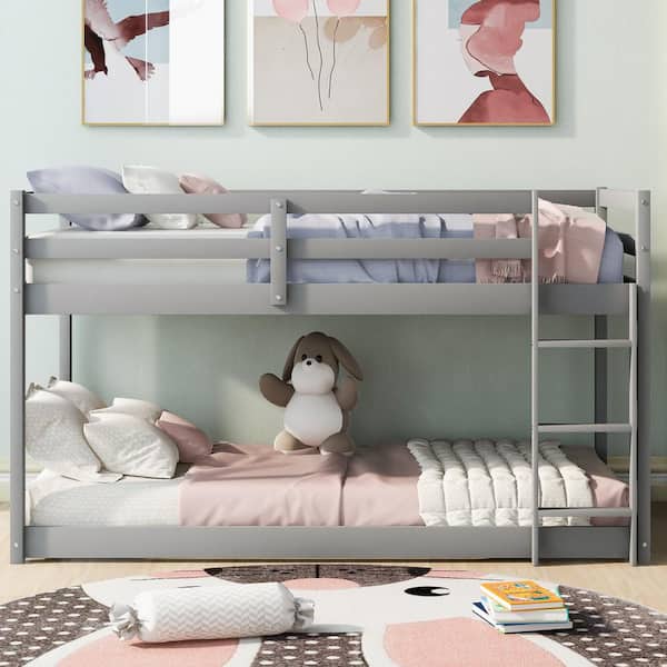 ANBAZAR Solid Wood Bunk Beds for Kids, Low Profile Bunk Beds with Ladders on Left or Right Side (Gray)