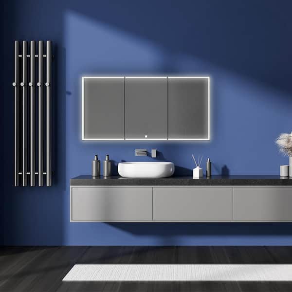 Edge Royale 60 in. W x 32 in. H Rectangular Silver Recessed/Surface Mount Medicine Cabinet with Mirror and LED Lighting