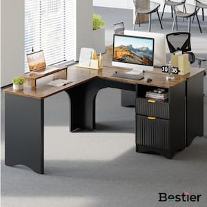 55 in. Rustic 2-Drawers L Shaped Computer Desk with Open Storage and Monitor Stand