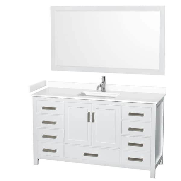Wyndham Collection Sheffield 60 in. W x 22 in. D x 35 in. H Single Bath Vanity in White with White Cultured Marble Top and 58" Mirror