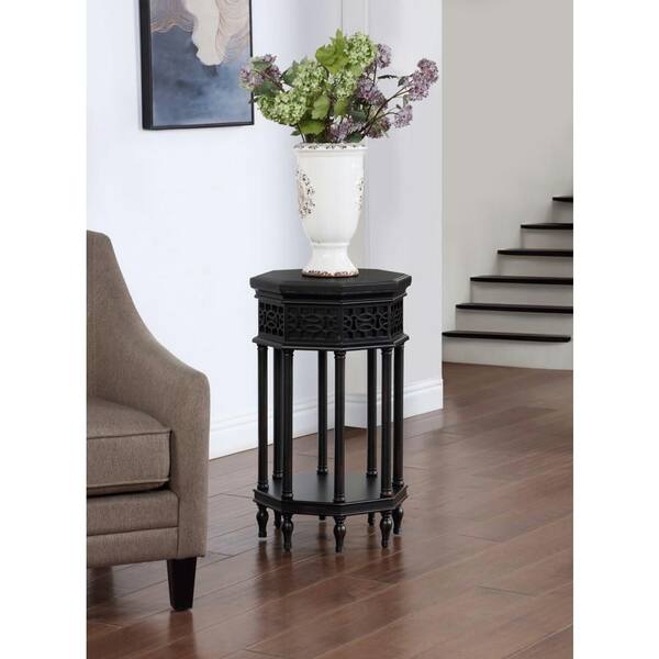 Litton Lane 16 in. Black Octagon Geometric Large Octagon Wood End Table with Elegant Carved Pattern and 8 Turned Pillar Legs