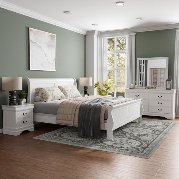 Burkhart 5-Piece White Wood King Bedroom Set with 2-Nightstands and Dresser w/Mirror