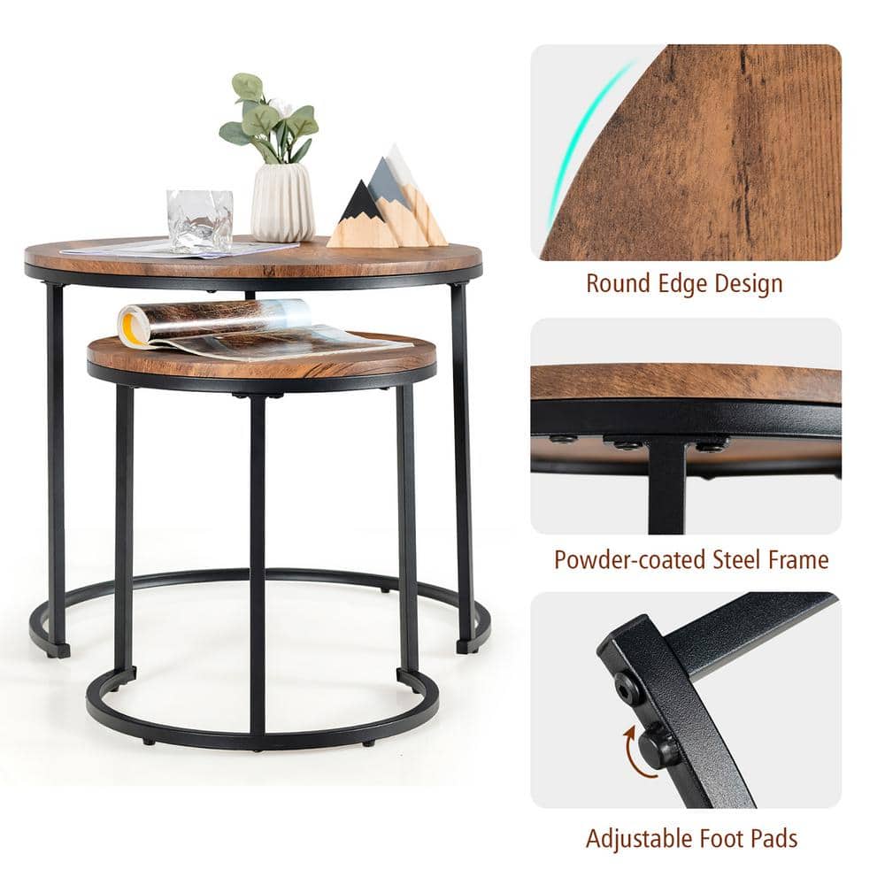 Rustic Brown Round Wood and Steel Nesting Tables Set