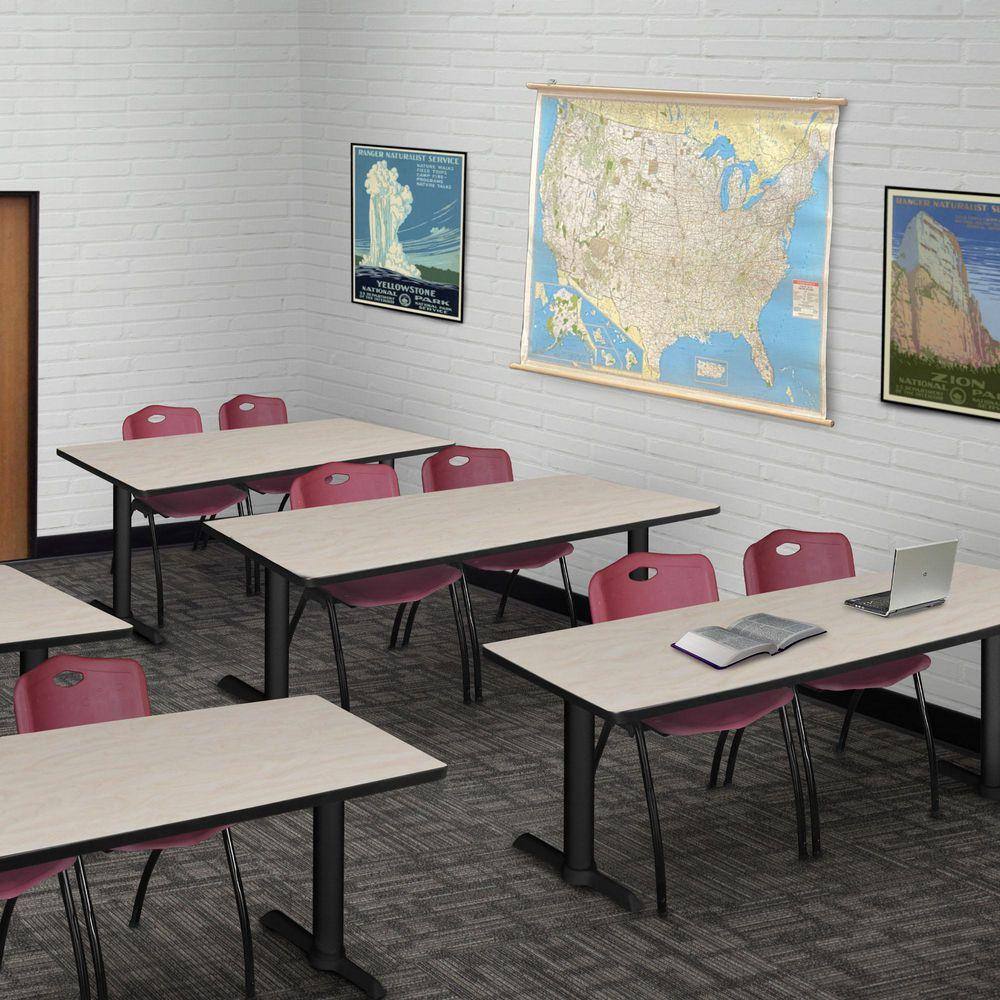 Kobe 66 in x 24 in. Maple T-Base Training Seminar Table Desk, 2 M Stack Chairs-Burgundy