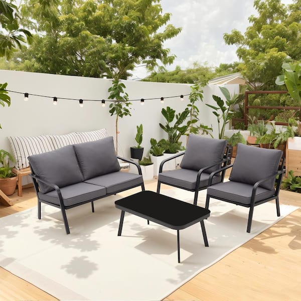 Joppoint 4-Piece Unristant-Steel Outdoor Patio Conversation Sets with Gray Cushions
