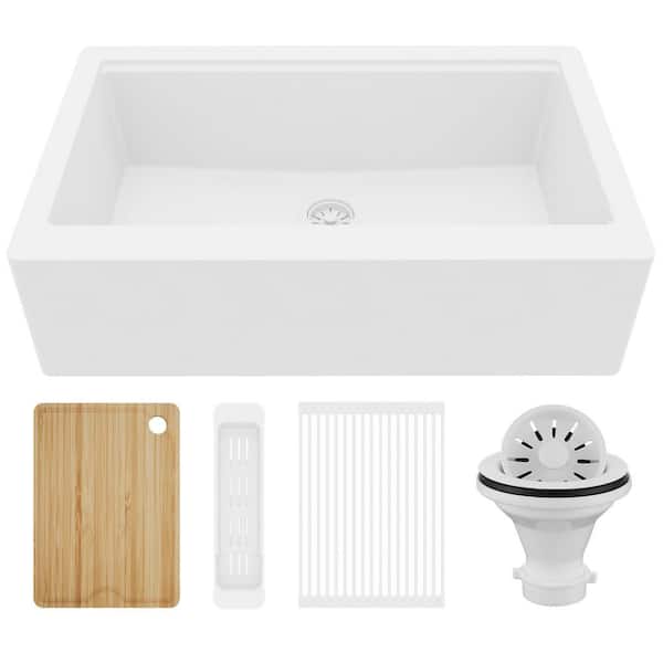34 in. Farmhouse Single Bowl Quartz Workstation Kitchen Sink in White