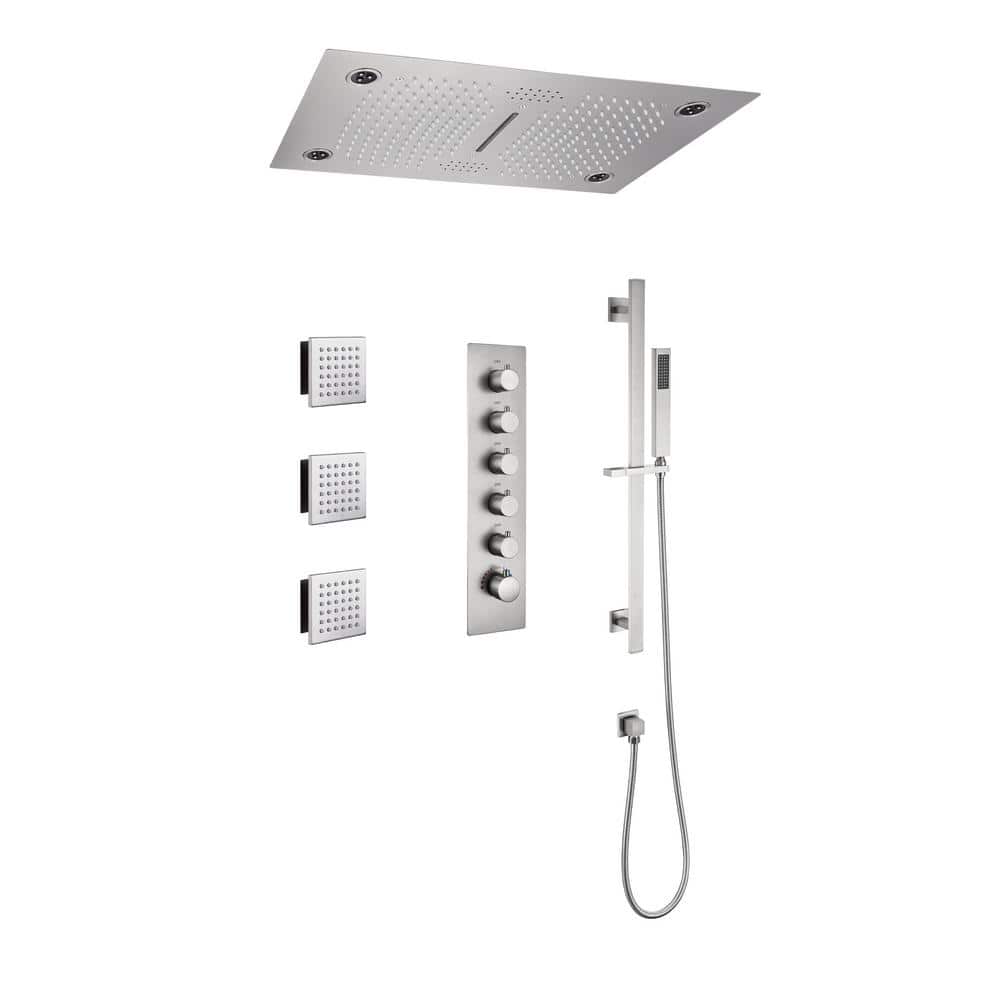 Brushed Nickel LED Ceiling Mounted Dual Shower System with Bluetooth Speaker