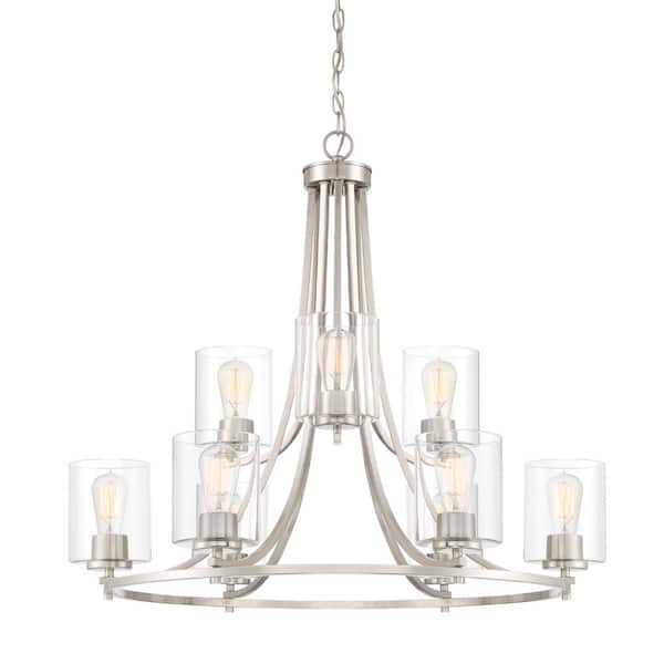 Designers Fountain Liam 9-Light Satin Platinum Chandelier with Clear Glass Shade