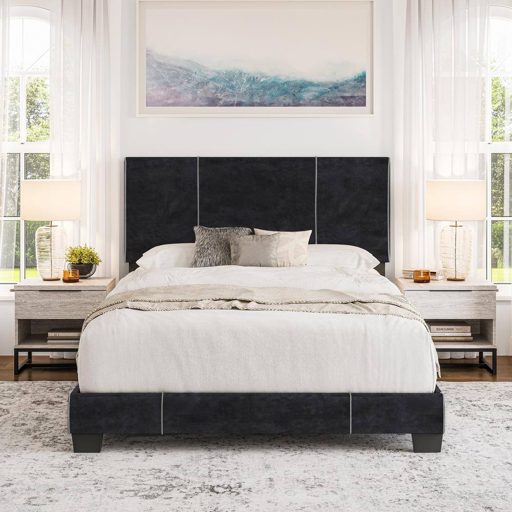 Lucena Black Velvet Upholstered Queen Platform Bed with Headboard