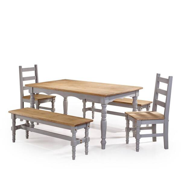 Manhattan Comfort Jay 5-Piece Gray Wash Solid Wood Dining Set with 2-Benches, 2-Chairs and 1-Table