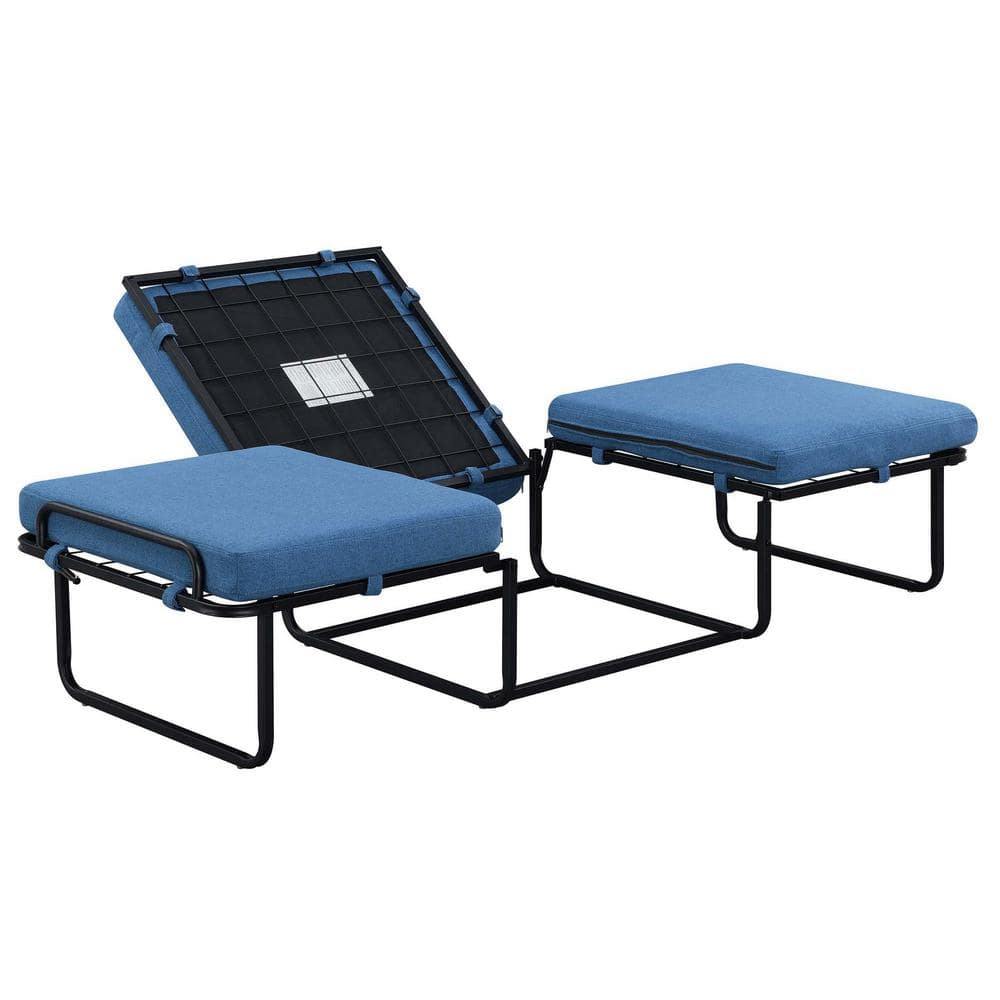 Soft Blue Fabric Convertible Ottoman Twin Bed with Metal Frame