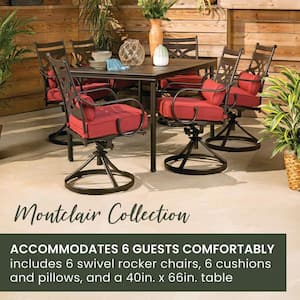 Montclair 7-Piece Steel Outdoor Dining Set with Chili Red Cushions Swivel Rockers and Dining Table