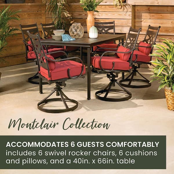 Montclair 7-Piece Steel Outdoor Dining Set with Chili Red Cushions Swivel Rockers and Dining Table